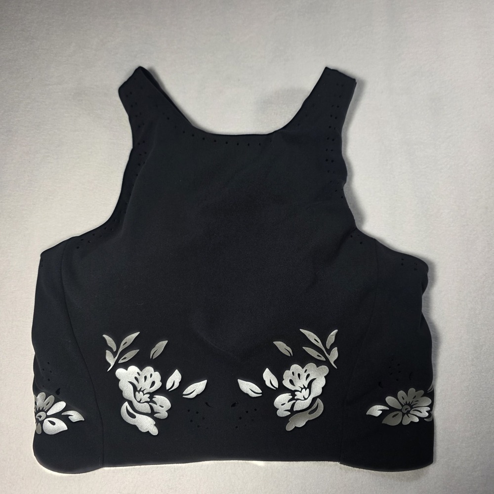 Athleta Black Floral Conscious Eyelet Crop Tank Top Sports Bra S Removable Pads